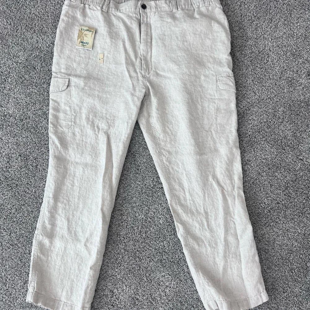 NWT! Caribbean 100% Linen Oatmeal Elastic Drawstring Waist Cargo Pants Mens46*32